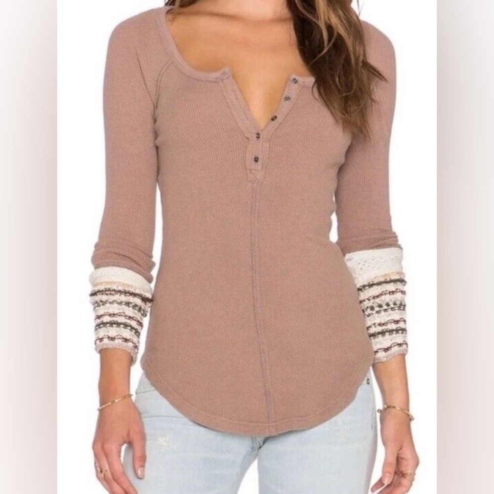 Free People Thermal Crochet Cuff Long Sleeve Top Womens S Brown Beige Boho